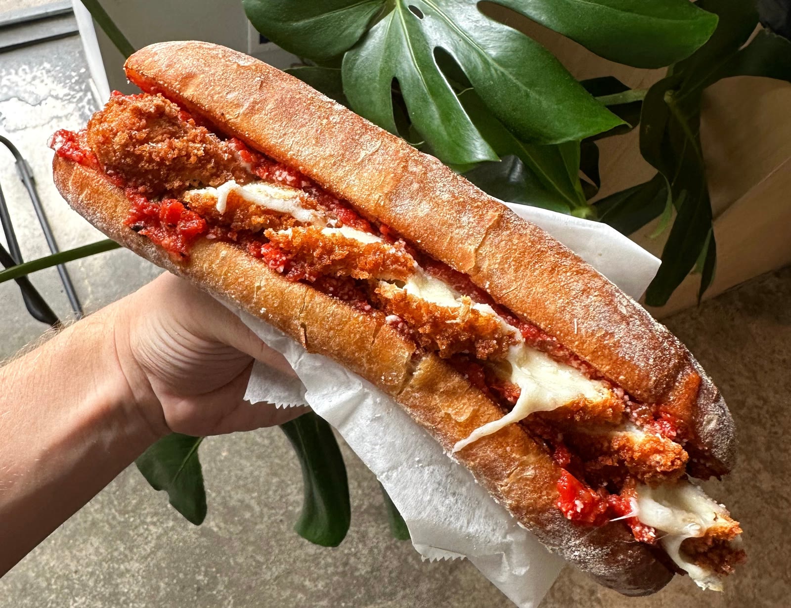 Chicken Parm hero with melted provolone and house marinara on toasted ciabatta
