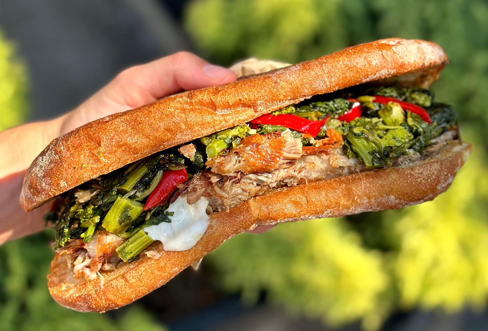 Roast Pork hero with broccoli rabe and pickled peppers on ciabatta