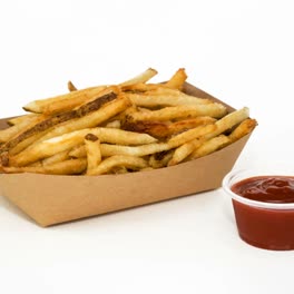Hand cut fries in a kraft tray with ketchup